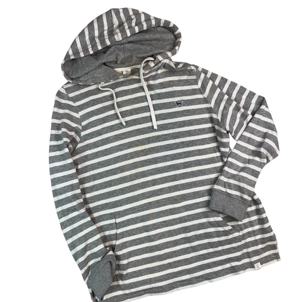 The Black Dog Women's Gray and White Stripe Hoodie Hooded Sweatshirt Size Medium